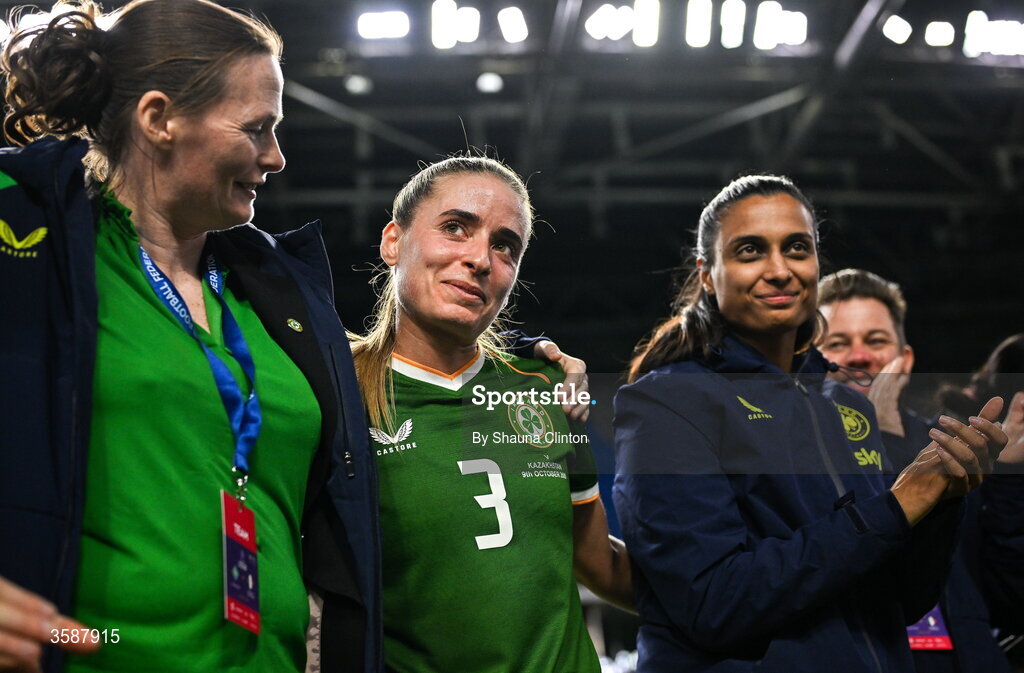 9 October 2026; Chloe Mustaki of Republic of Ireland, 3, after the 2027 FIFA Women’s World Cup qualifying round 1 play-off first leg match between Kazakhstan and the Republic of Ireland at Astana Arena in Kazakhstan. Photo by Shauna Clinton/Sportsfile