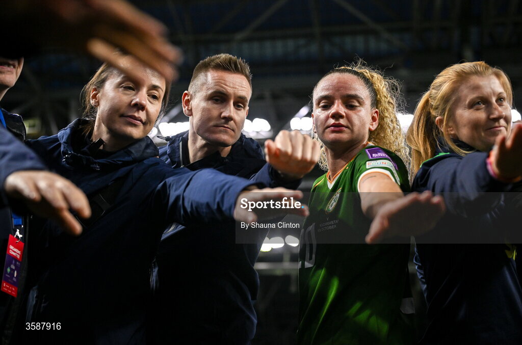 9 October 2026; Leanne Kiernan of Republic of Ireland, second from right, after the 2027 FIFA Women’s World Cup qualifying round 1 play-off first leg match between Kazakhstan and the Republic of Ireland at Astana Arena in Kazakhstan. Photo by Shauna Clinton/Sportsfile