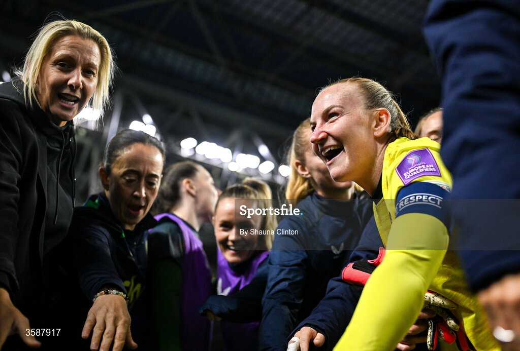 9 October 2026; Captain Courtney Brosnan, right, and Republic of Ireland head coach Carla Ward after the 2027 FIFA Women’s World Cup qualifying round 1 play-off first leg match between Kazakhstan and the Republic of Ireland at Astana Arena in Kazakhstan. Photo by Shauna Clinton/Sportsfile