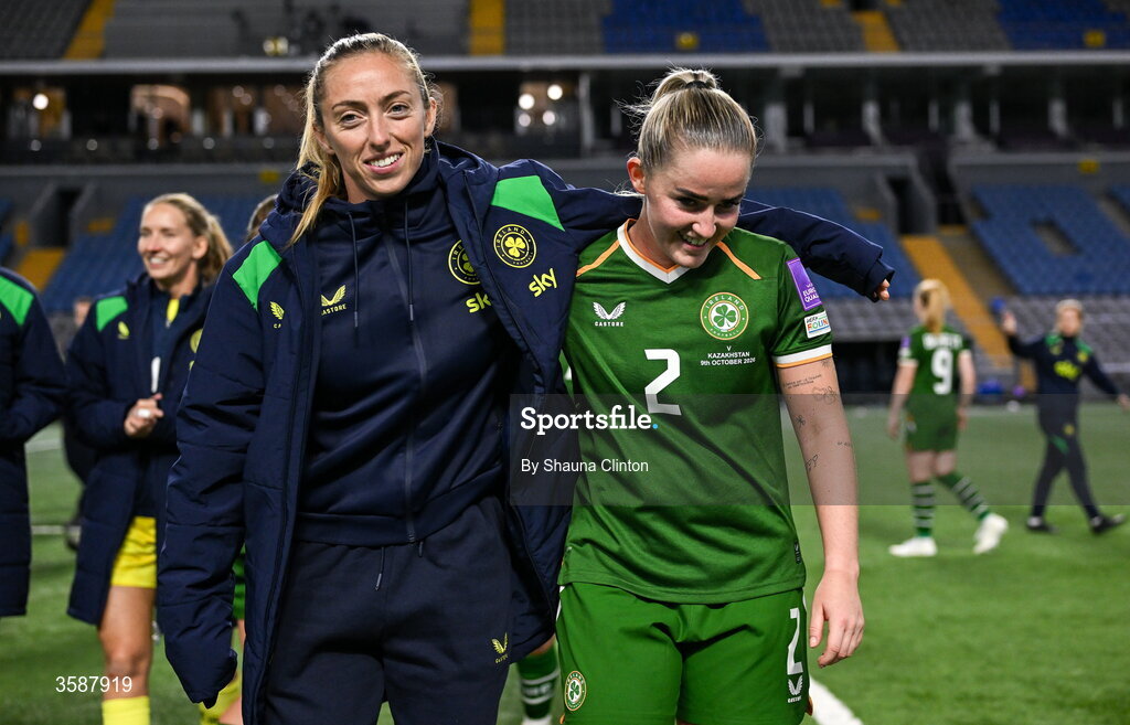 9 October 2026; Megan Connolly, left, and Jessie Stapleton of Republic of Ireland after the 2027 FIFA Women’s World Cup qualifying round 1 play-off first leg match between Kazakhstan and the Republic of Ireland at Astana Arena in Kazakhstan. Photo by Shauna Clinton/Sportsfile