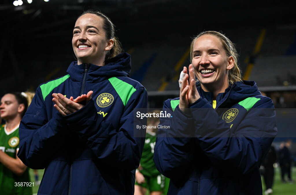 9 October 2026; Anna Patten, left, and Sophie Whitehouse of Republic of Ireland after the 2027 FIFA Women’s World Cup qualifying round 1 play-off first leg match between Kazakhstan and the Republic of Ireland at Astana Arena in Kazakhstan. Photo by Shauna Clinton/Sportsfile