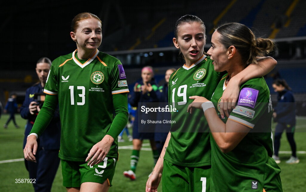 9 October 2026; Republic of Ireland players, from left, Hayley Nolan, Abbie Larkin and Shanade Hopcroft after the 2027 FIFA Women’s World Cup qualifying round 1 play-off first leg match between Kazakhstan and the Republic of Ireland at Astana Arena in Kazakhstan. Photo by Shauna Clinton/Sportsfile