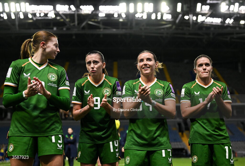9 October 2026; Republic of Ireland players, from left, Hayley Nolan, Abbie Larkin, Shanade Hopcroft and Jamie Finn after the 2027 FIFA Women’s World Cup qualifying round 1 play-off first leg match between Kazakhstan and the Republic of Ireland at Astana Arena in Kazakhstan. Photo by Shauna Clinton/Sportsfile