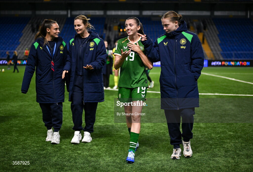 9 October 2026; Republic of Ireland players, Jess Ziu, Kyra Carusa, Abbie Larkin and Emily Murphy after the 2027 FIFA Women’s World Cup qualifying round 1 play-off first leg match between Kazakhstan and the Republic of Ireland at Astana Arena in Kazakhstan. Photo by Shauna Clinton/Sportsfile