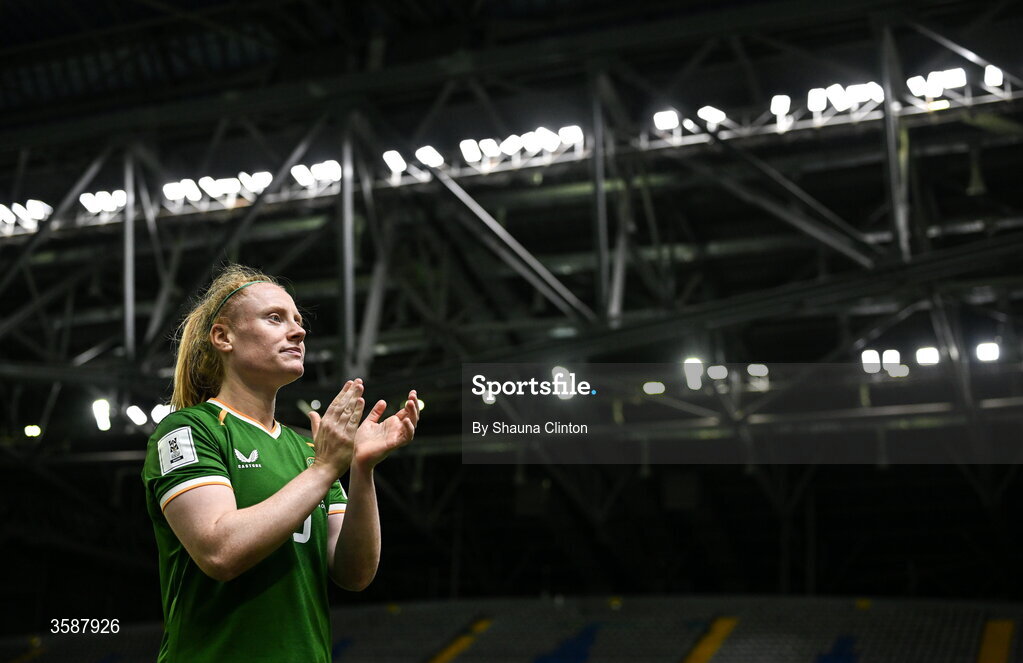 9 October 2026; Amber Barrett of Republic of Ireland after the 2027 FIFA Women’s World Cup qualifying round 1 play-off first leg match between Kazakhstan and the Republic of Ireland at Astana Arena in Kazakhstan. Photo by Shauna Clinton/Sportsfile