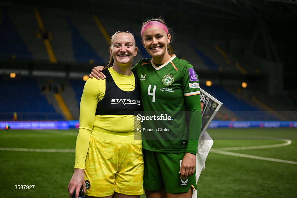 9 October 2026; Republic of Ireland goalkeeper Courtney Brosnan and teammate Caitlin Hayes after the 2027 FIFA Women’s World Cup qualifying round 1 play-off first leg match between Kazakhstan and the Republic of Ireland at Astana Arena in Kazakhstan. Photo by Shauna Clinton/Sportsfile