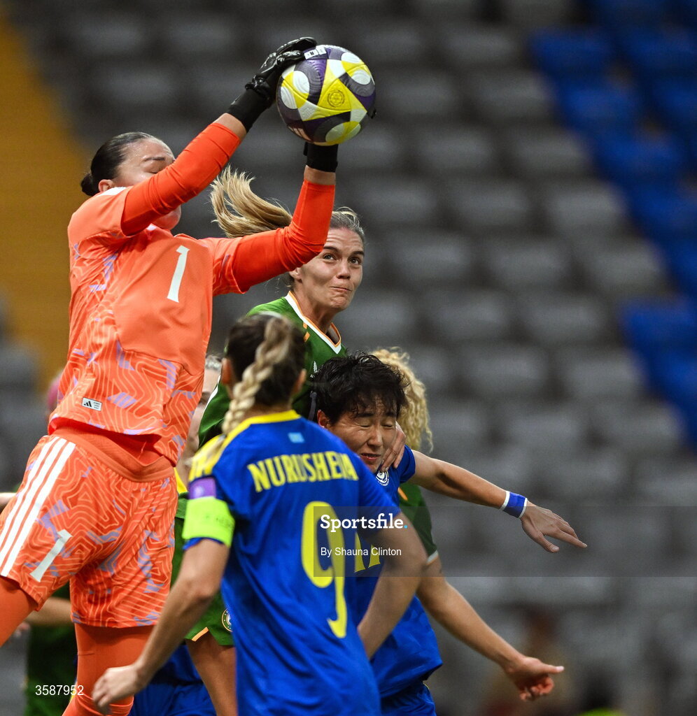 9 October 2026; Kazakhstan goalkeeper Angelina Portnova makes a save during the 2027 FIFA Women’s World Cup qualifying round 1 play-off first leg match between Kazakhstan and the Republic of Ireland at Astana Arena in Kazakhstan. Photo by Shauna Clinton/Sportsfile
