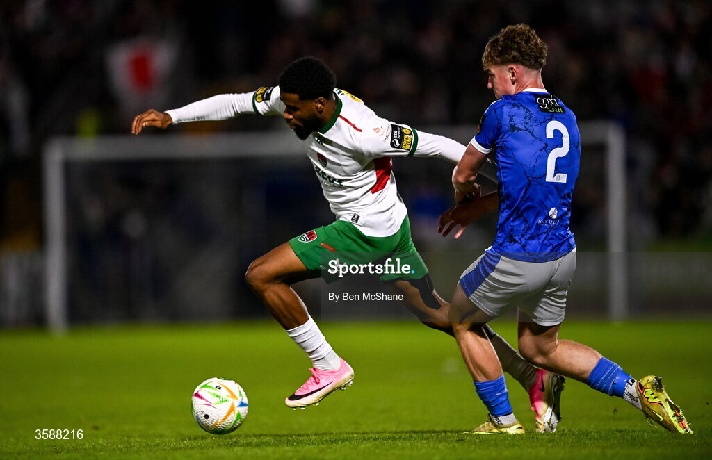 9 October 2026; Hans Mpongo of Cork City in action against Josh Cullen of Finn Harps during the SSE Airtricity Men’s First Division match between Cork City and Finn Harps at Turner's Cross in Cork. Photo by Ben McShane/Sportsfile