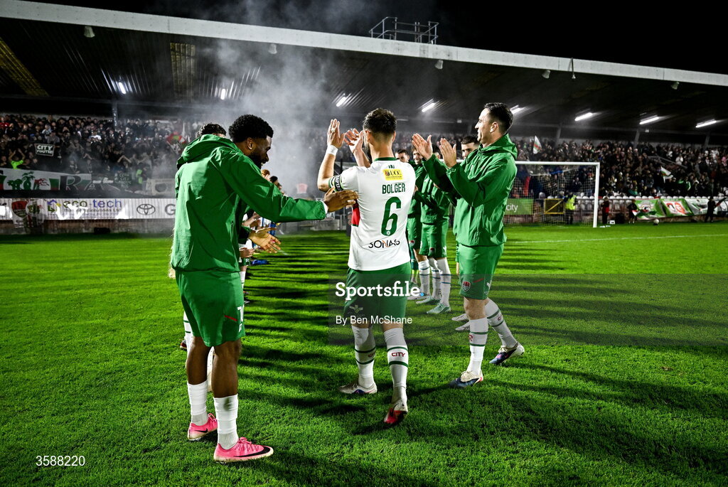 9 October 2026; Greg Bolger of Cork City makes his way through a guard of honour from both Finn Harps and Cork City players before the SSE Airtricity Men’s First Division match between Cork City and Finn Harps at Turner's Cross in Cork. Photo by Ben McShane/Sportsfile
