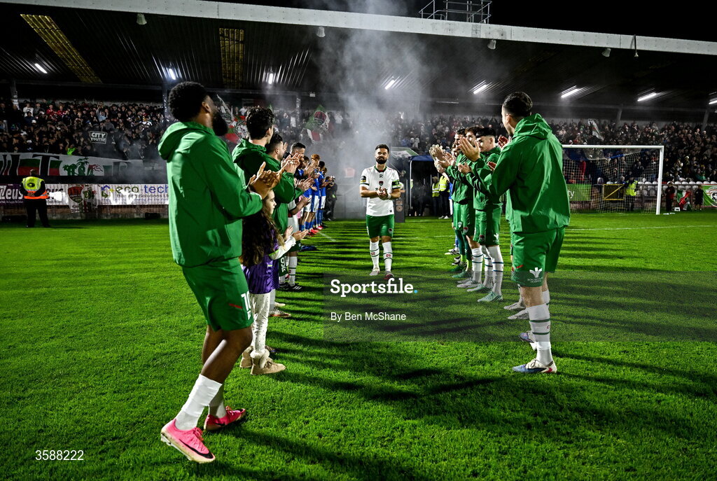 9 October 2026; Greg Bolger of Cork City makes his way through a guard of honour from both Finn Harps and Cork City players before the SSE Airtricity Men’s First Division match between Cork City and Finn Harps at Turner's Cross in Cork. Photo by Ben McShane/Sportsfile