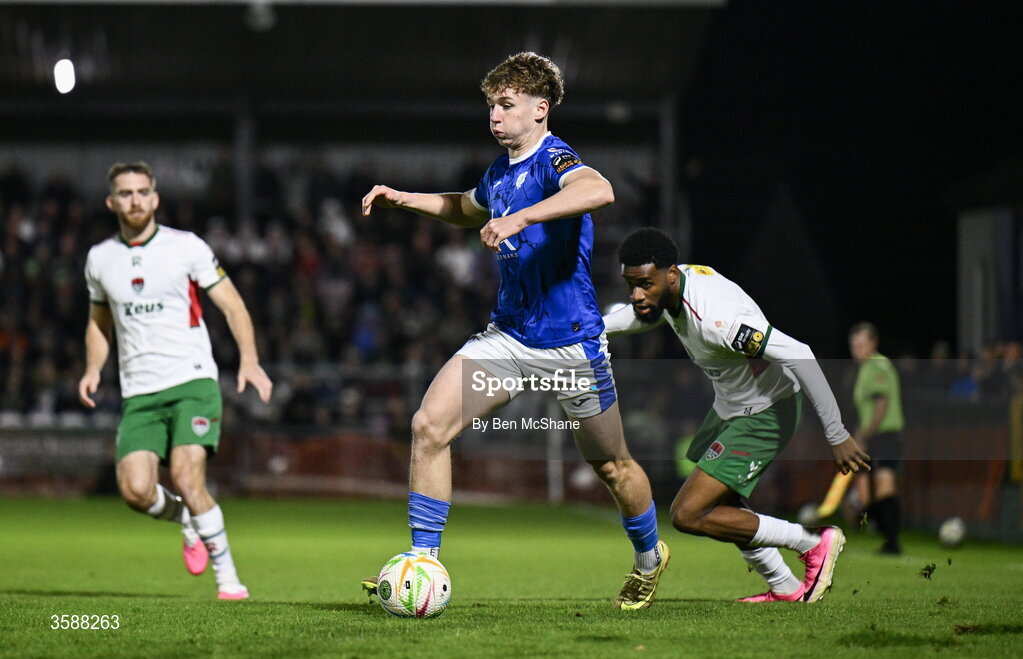 9 October 2026; Josh Cullen of Finn Harps in action against Hans Mpongo of Cork City during the SSE Airtricity Men’s First Division match between Cork City and Finn Harps at Turner's Cross in Cork. Photo by Ben McShane/Sportsfile