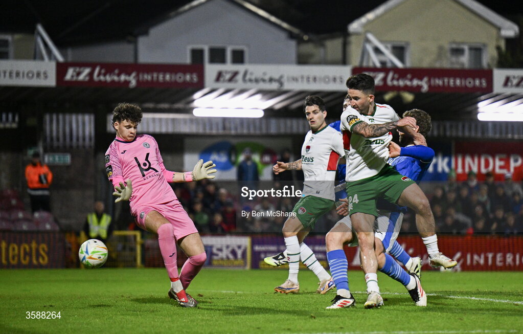 9 October 2026; Seani Maguire of Cork City scores his side's first goal during the SSE Airtricity Men’s First Division match between Cork City and Finn Harps at Turner's Cross in Cork. Photo by Ben McShane/Sportsfile