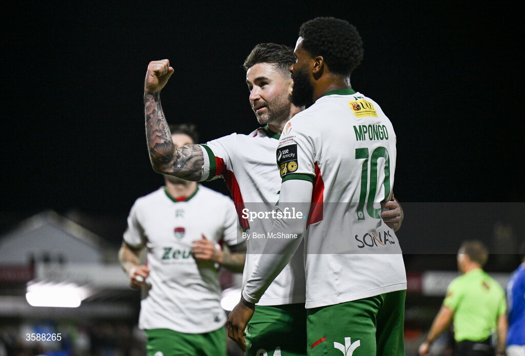 9 October 2026; Seani Maguire of Cork City celebrates with teammate Hans Mpongo, right, after scoring their side's first goal during the SSE Airtricity Men’s First Division match between Cork City and Finn Harps at Turner's Cross in Cork. Photo by Ben McShane/Sportsfile
