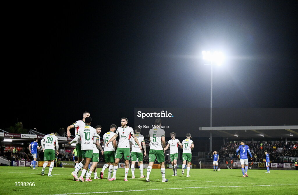 9 October 2026; Cork City players celebrate their first goal, scored by Seani Maguire, during the SSE Airtricity Men’s First Division match between Cork City and Finn Harps at Turner's Cross in Cork. Photo by Ben McShane/Sportsfile