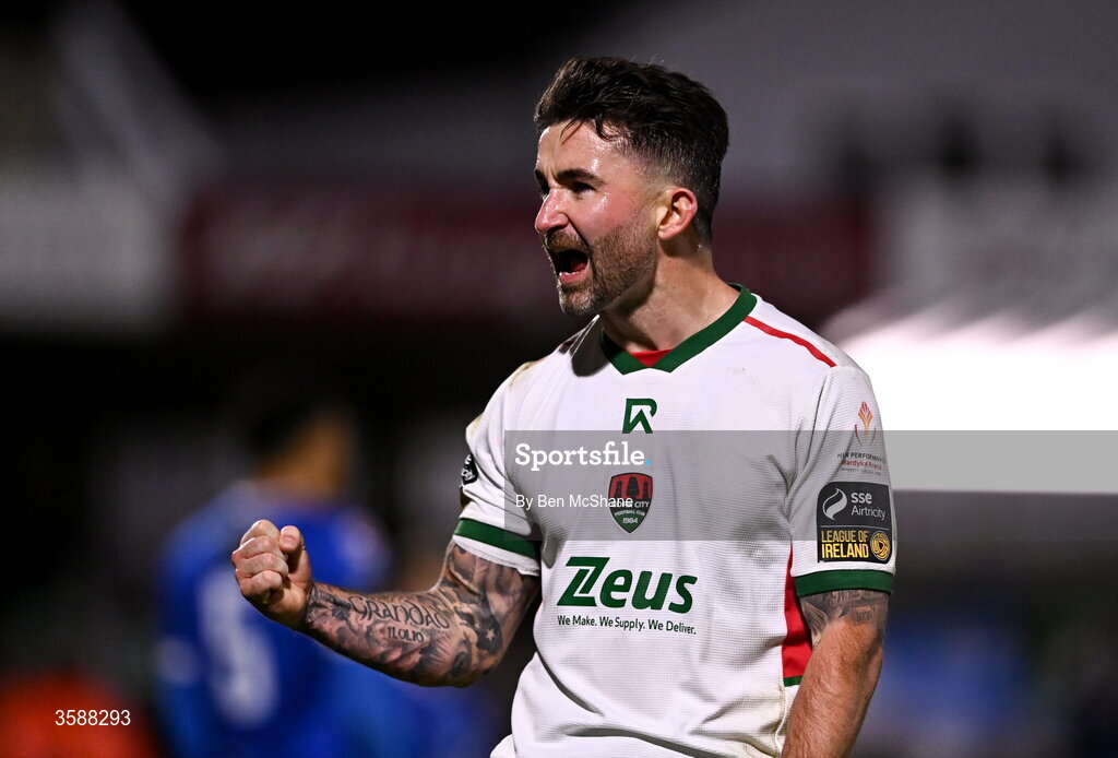 9 October 2026; Seani Maguire of Cork City celebrates after scoring his side's second goal during the SSE Airtricity Men’s First Division match between Cork City and Finn Harps at Turner's Cross in Cork. Photo by Ben McShane/Sportsfile