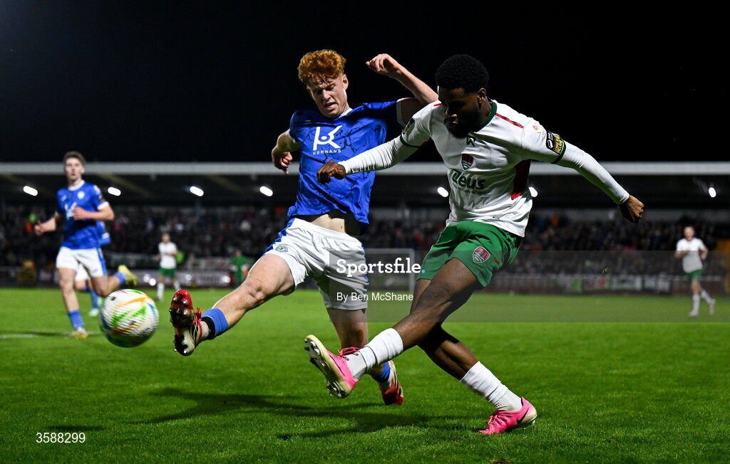 9 October 2026; Hans Mpongo of Cork City in action against Josh Cullen of Finn Harps during the SSE Airtricity Men’s First Division match between Cork City and Finn Harps at Turner's Cross in Cork. Photo by Ben McShane/Sportsfile