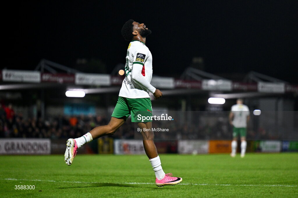 9 October 2026; Hans Mpongo of Cork City reacts after a missed opportunity on goal during the SSE Airtricity Men’s First Division match between Cork City and Finn Harps at Turner's Cross in Cork. Photo by Ben McShane/Sportsfile