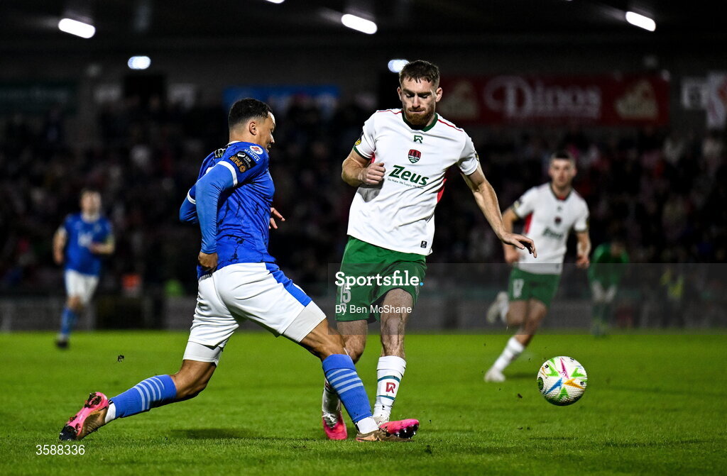 9 October 2026; Oran Brogan of Finn Harps is tackled by Conor Drinan of Cork City during the SSE Airtricity Men’s First Division match between Cork City and Finn Harps at Turner's Cross in Cork. Photo by Ben McShane/Sportsfile