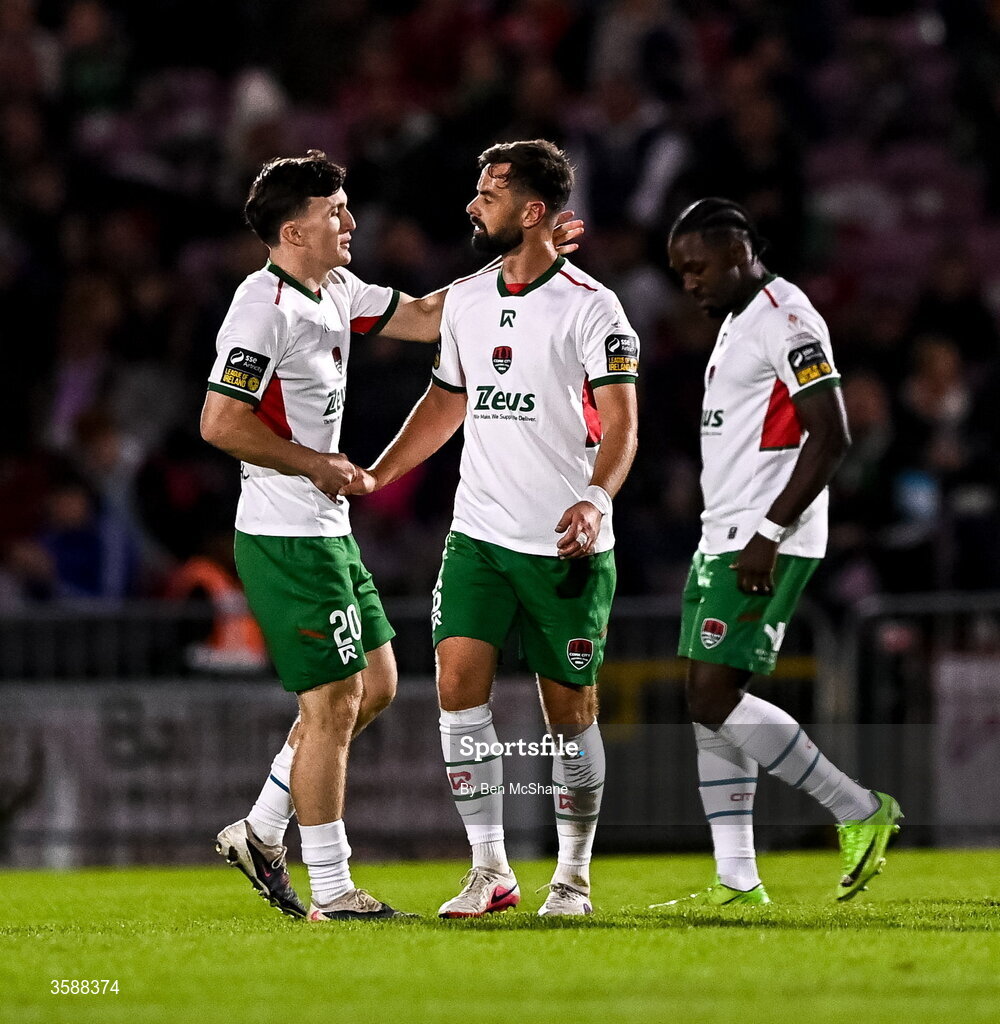 9 October 2026; Greg Bolger of Cork City with teammate Josh Fitzpatrick, left, as he is substituted off during the SSE Airtricity Men’s First Division match between Cork City and Finn Harps at Turner's Cross in Cork. Photo by Ben McShane/Sportsfile
