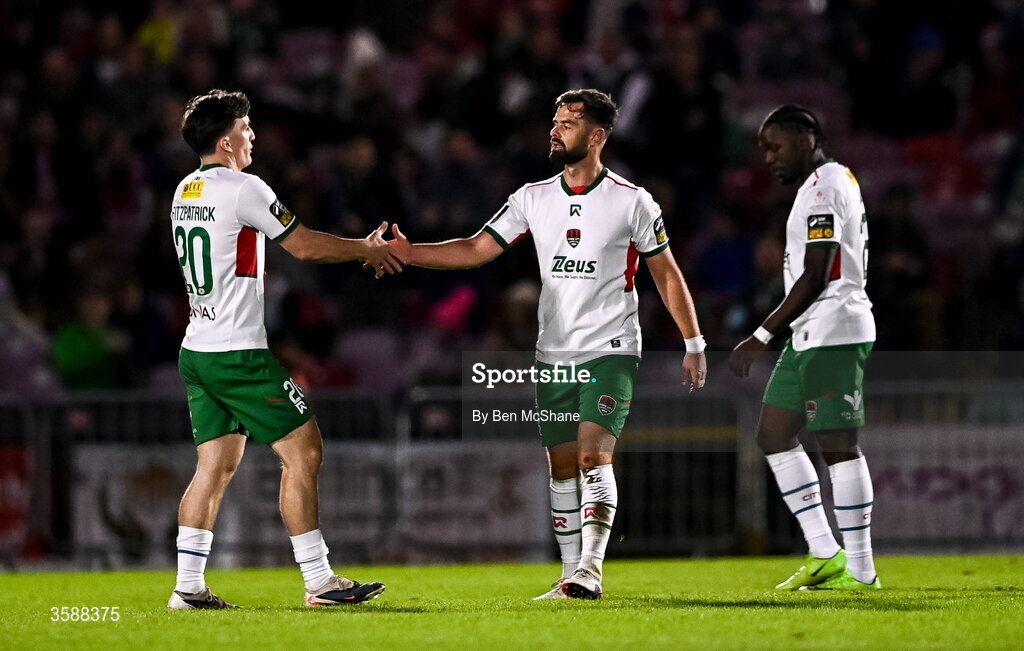 9 October 2026; Greg Bolger of Cork City with teammate Josh Fitzpatrick, left, as he is substituted off during the SSE Airtricity Men’s First Division match between Cork City and Finn Harps at Turner's Cross in Cork. Photo by Ben McShane/Sportsfile