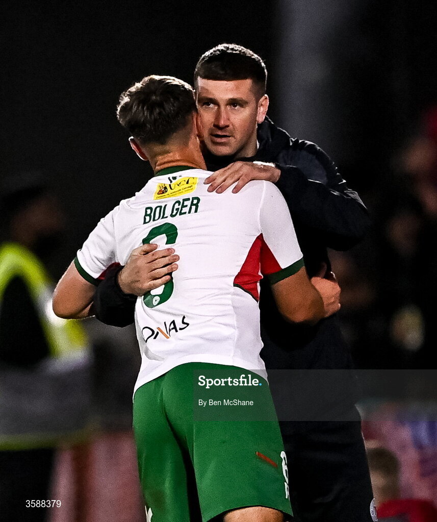9 October 2026; Greg Bolger of Cork City with Finn Harps interim head coach Patrick McEleney during the SSE Airtricity Men’s First Division match between Cork City and Finn Harps at Turner's Cross in Cork. Photo by Ben McShane/Sportsfile