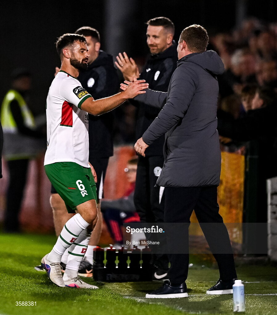 9 October 2026; Greg Bolger of Cork City with Cork City manager Barry Robson during the SSE Airtricity Men’s First Division match between Cork City and Finn Harps at Turner's Cross in Cork. Photo by Ben McShane/Sportsfile