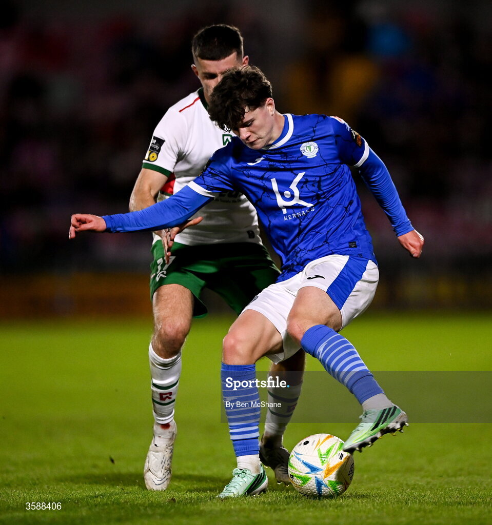 9 October 2026; Gavin McAteer of Finn Harps in action against Darragh Crowley of Cork City during the SSE Airtricity Men’s First Division match between Cork City and Finn Harps at Turner's Cross in Cork. Photo by Ben McShane/Sportsfile