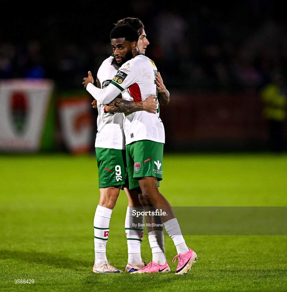 9 October 2026; Hans Mpongo, left, and Ruairi Keating of Cork City celebrate after the SSE Airtricity Men’s First Division trophy after the SSE Airtricity Men’s First Division match between Cork City and Finn Harps at Turner's Cross in Cork. Photo by Ben McShane/Sportsfile
