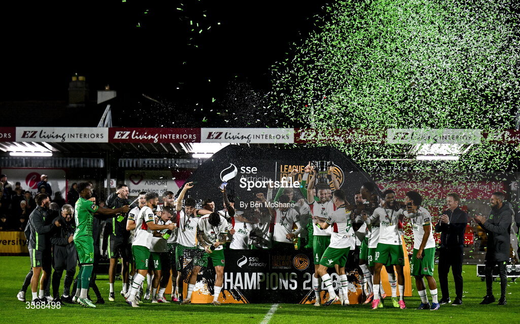 9 October 2026; Cork City players celebrate with the SSE Airtricity Men’s First Division trophy after the SSE Airtricity Men’s First Division match between Cork City and Finn Harps at Turner's Cross in Cork. Photo by Ben McShane/Sportsfile