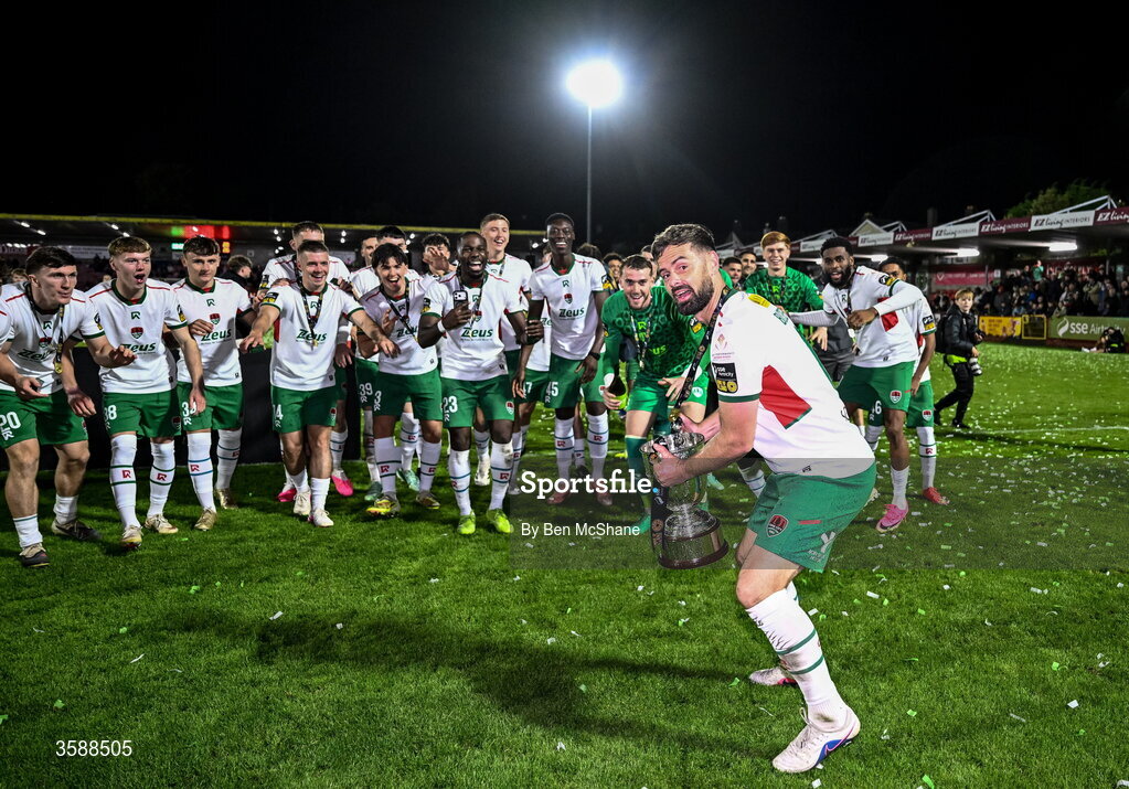 9 October 2026; Greg Bolger of Cork City celebrates with the SSE Airtricity Men’s First Division trophy after the SSE Airtricity Men’s First Division match between Cork City and Finn Harps at Turner's Cross in Cork. Photo by Ben McShane/Sportsfile