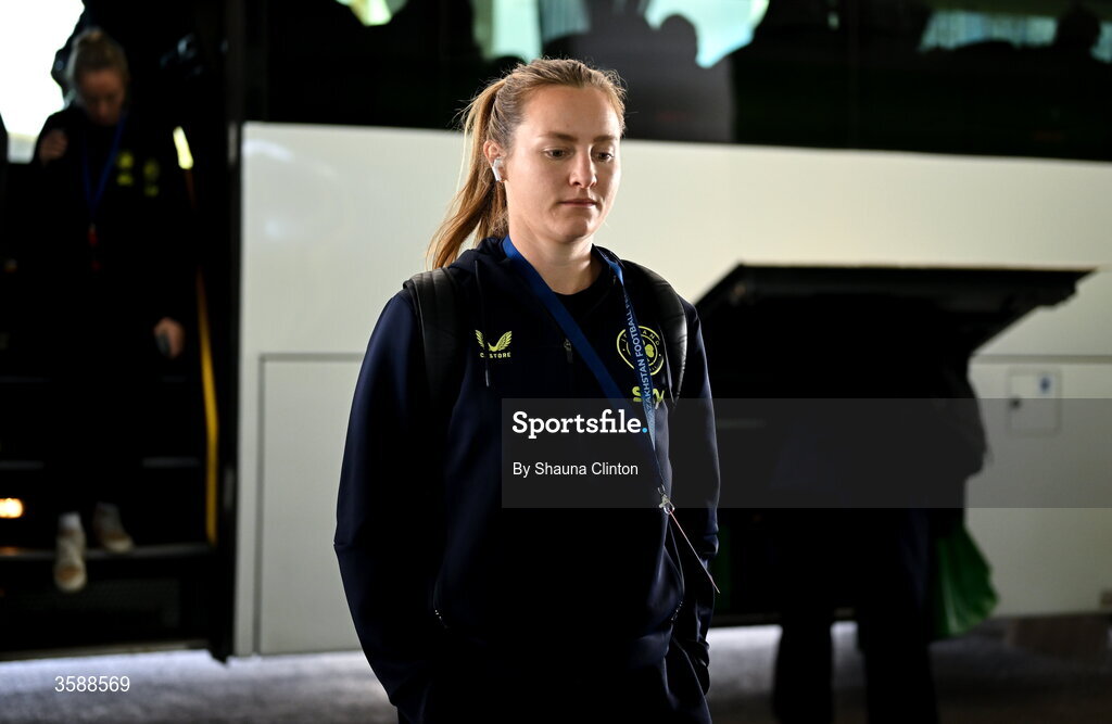 9 October 2026; Kyra Carusa of Republic of Ireland arrives arrives before the 2027 FIFA Women’s World Cup qualifying round 1 play-off first leg match between Kazakhstan and the Republic of Ireland at Astana Arena in Kazakhstan. Photo by Shauna Clinton/Sportsfile