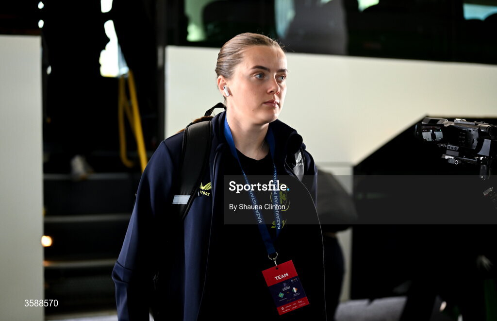 9 October 2026; Tyler Toland of Republic of Ireland arrives arrives before the 2027 FIFA Women’s World Cup qualifying round 1 play-off first leg match between Kazakhstan and the Republic of Ireland at Astana Arena in Kazakhstan. Photo by Shauna Clinton/Sportsfile