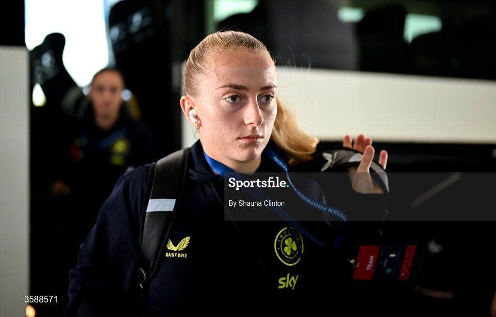 9 October 2026; Aoibheann Clancy of Republic of Ireland arrives arrives before the 2027 FIFA Women’s World Cup qualifying round 1 play-off first leg match between Kazakhstan and the Republic of Ireland at Astana Arena in Kazakhstan. Photo by Shauna Clinton/Sportsfile