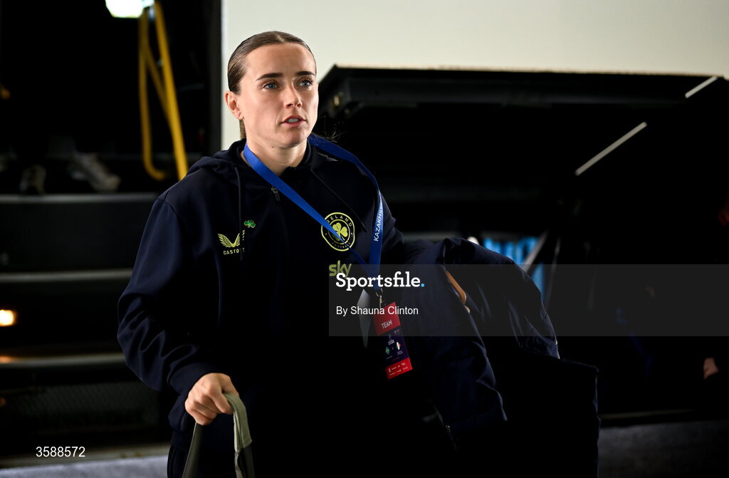 9 October 2026; Shanade Hopcroft of Republic of Ireland arrives arrives before the 2027 FIFA Women’s World Cup qualifying round 1 play-off first leg match between Kazakhstan and the Republic of Ireland at Astana Arena in Kazakhstan. Photo by Shauna Clinton/Sportsfile
