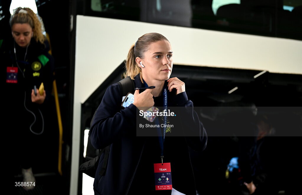 9 October 2026; Jamie Finn of Republic of Ireland arrives arrives before the 2027 FIFA Women’s World Cup qualifying round 1 play-off first leg match between Kazakhstan and the Republic of Ireland at Astana Arena in Kazakhstan. Photo by Shauna Clinton/Sportsfile