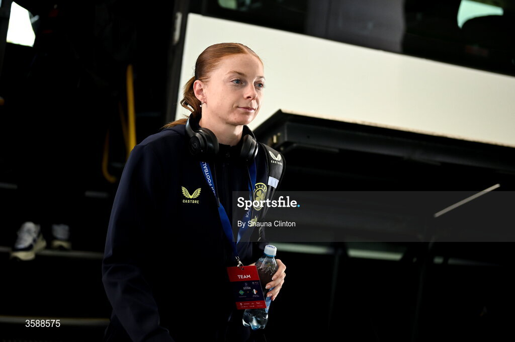 9 October 2026; Hayley Nolan of Republic of Ireland arrives arrives before the 2027 FIFA Women’s World Cup qualifying round 1 play-off first leg match between Kazakhstan and the Republic of Ireland at Astana Arena in Kazakhstan. Photo by Shauna Clinton/Sportsfile