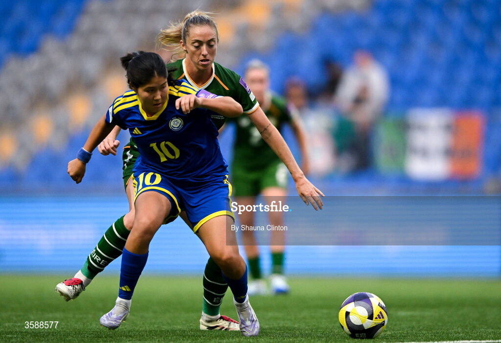 9 October 2026; Megan Connolly of Republic of Ireland in action against Amina Bibossynova of Kazakhstan during the 2027 FIFA Women’s World Cup qualifying round 1 play-off first leg match between Kazakhstan and the Republic of Ireland at Astana Arena in Kazakhstan. Photo by Shauna Clinton/Sportsfile