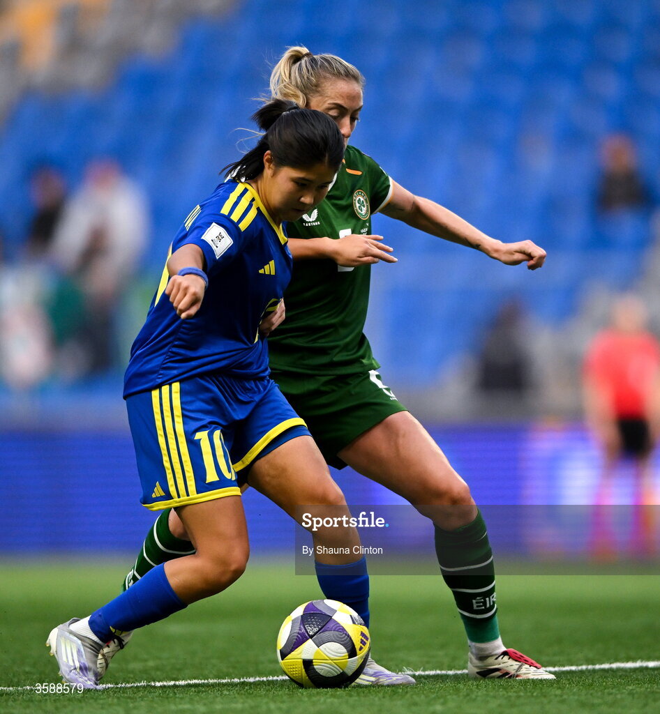 9 October 2026; Megan Connolly of Republic of Ireland in action against Amina Bibossynova of Kazakhstan during the 2027 FIFA Women’s World Cup qualifying round 1 play-off first leg match between Kazakhstan and the Republic of Ireland at Astana Arena in Kazakhstan. Photo by Shauna Clinton/Sportsfile