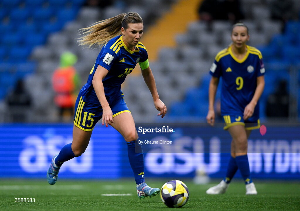 9 October 2026; Yulia Myasnikova of Kazakhstan during the 2027 FIFA Women’s World Cup qualifying round 1 play-off first leg match between Kazakhstan and the Republic of Ireland at Astana Arena in Kazakhstan. Photo by Shauna Clinton/Sportsfile