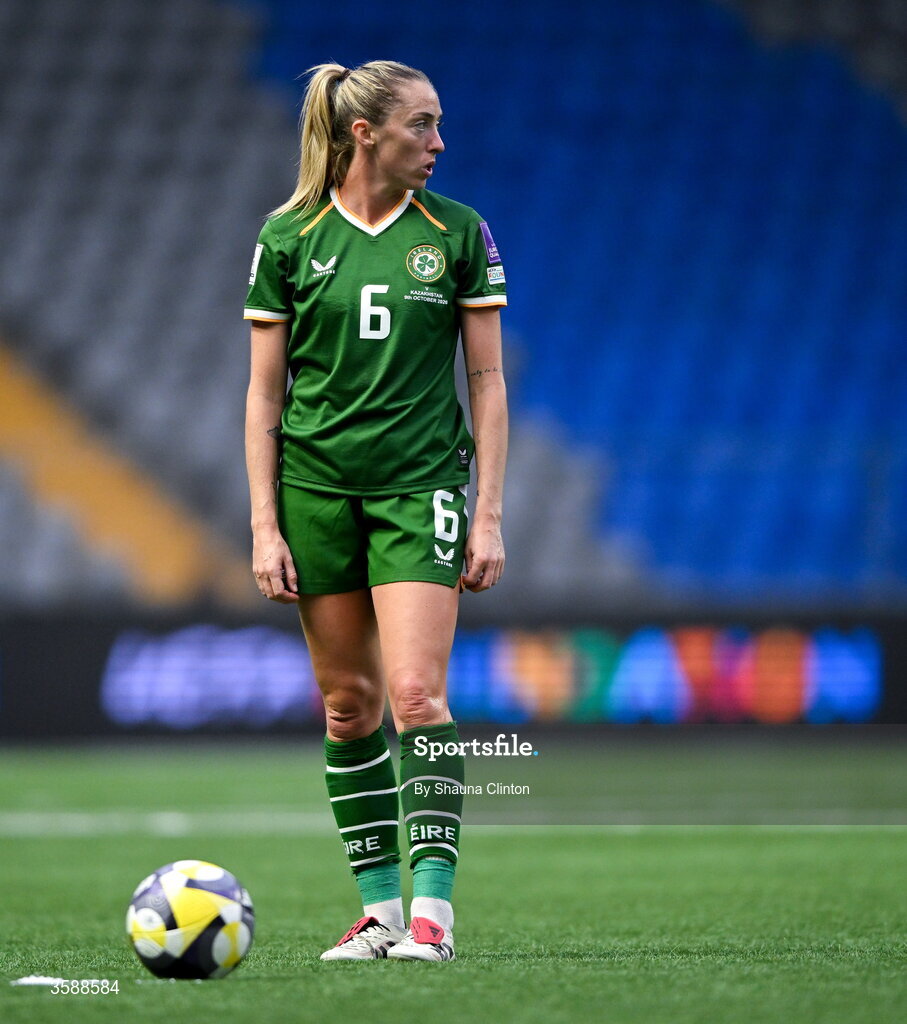 9 October 2026; Megan Connolly of Republic of Ireland during the 2027 FIFA Women’s World Cup qualifying round 1 play-off first leg match between Kazakhstan and the Republic of Ireland at Astana Arena in Kazakhstan. Photo by Shauna Clinton/Sportsfile
