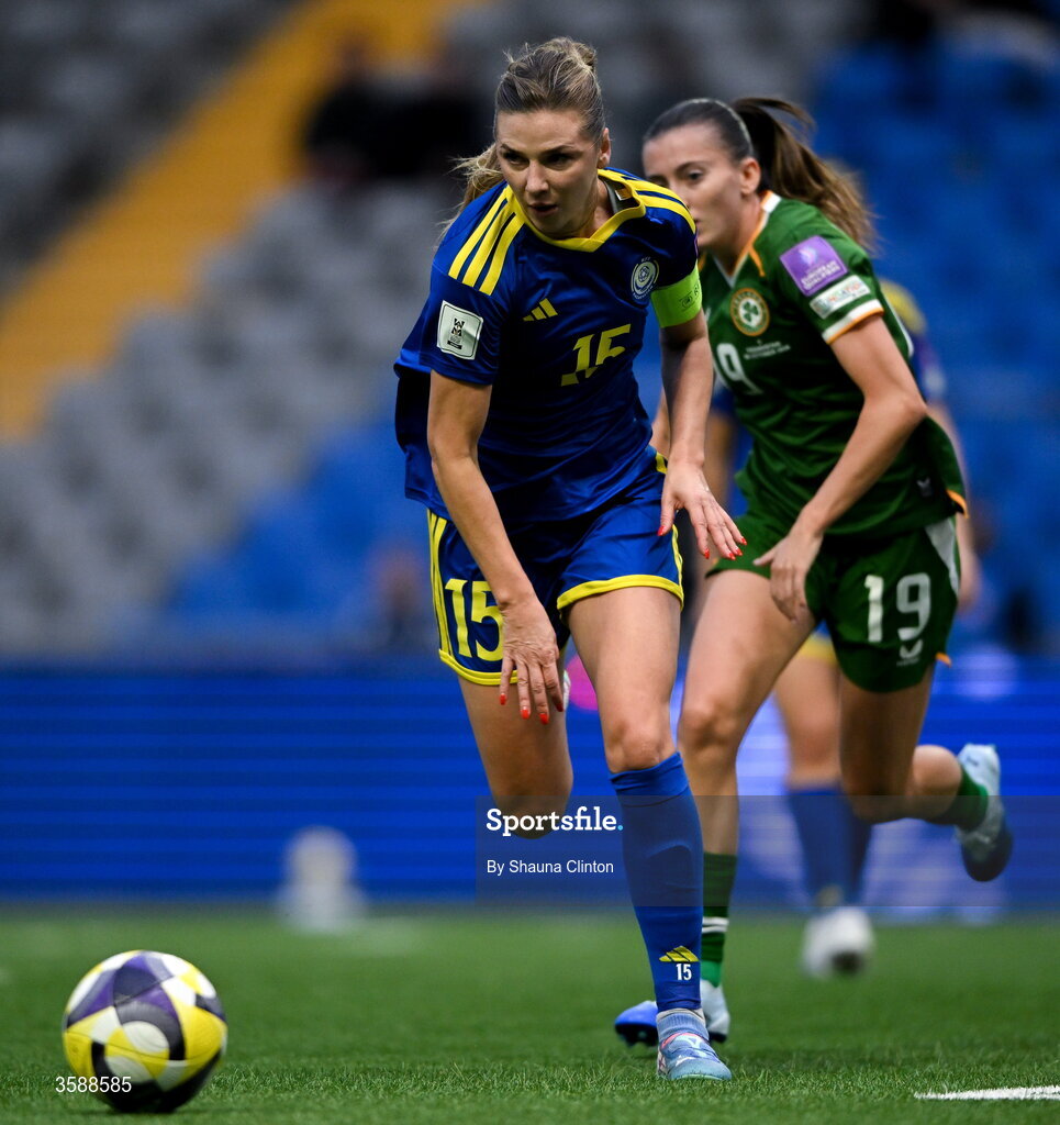 9 October 2026; Yulia Myasnikova of Kazakhstan during the 2027 FIFA Women’s World Cup qualifying round 1 play-off first leg match between Kazakhstan and the Republic of Ireland at Astana Arena in Kazakhstan. Photo by Shauna Clinton/Sportsfile