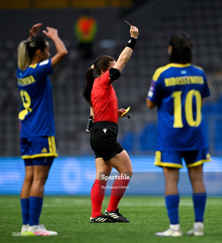 9 October 2026; Referee Karoline Marie Jensen shows Yulia Myasnikova of Kazakhstan, not pictured, a red card during the 2027 FIFA Women’s World Cup qualifying round 1 play-off first leg match between Kazakhstan and the Republic of Ireland at Astana Arena in Kazakhstan. Photo by Shauna Clinton/Sportsfile