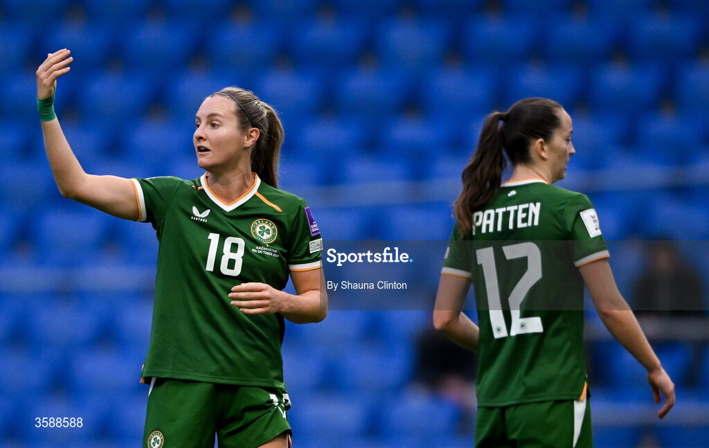 9 October 2026; Republic of Ireland players Kyra Carusa, left, and Abbie Larkin during the 2027 FIFA Women’s World Cup qualifying round 1 play-off first leg match between Kazakhstan and the Republic of Ireland at Astana Arena in Kazakhstan. Photo by Shauna Clinton/Sportsfile