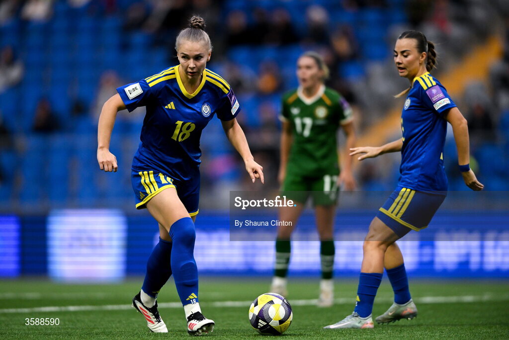 9 October 2026; Alexandra Burova of Kazakhstan during the 2027 FIFA Women’s World Cup qualifying round 1 play-off first leg match between Kazakhstan and the Republic of Ireland at Astana Arena in Kazakhstan. Photo by Shauna Clinton/Sportsfile