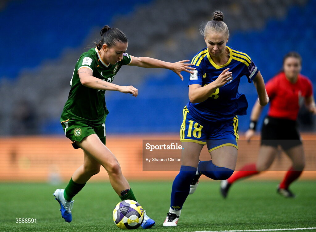 9 October 2026; Abbie Larkin of Republic of Ireland in action against Alexandra Burova of Kazakhstan during the 2027 FIFA Women’s World Cup qualifying round 1 play-off first leg match between Kazakhstan and the Republic of Ireland at Astana Arena in Kazakhstan. Photo by Shauna Clinton/Sportsfile