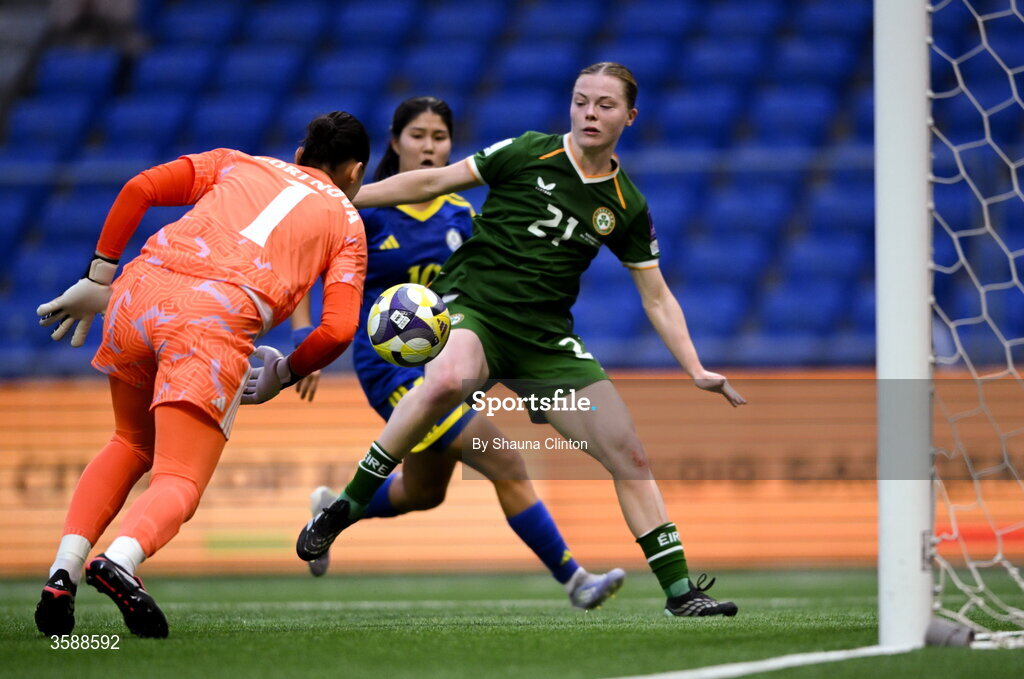 9 October 2026; Emily Murphy of Republic of Ireland shoots on goal during the 2027 FIFA Women’s World Cup qualifying round 1 play-off first leg match between Kazakhstan and the Republic of Ireland at Astana Arena in Kazakhstan. Photo by Shauna Clinton/Sportsfile