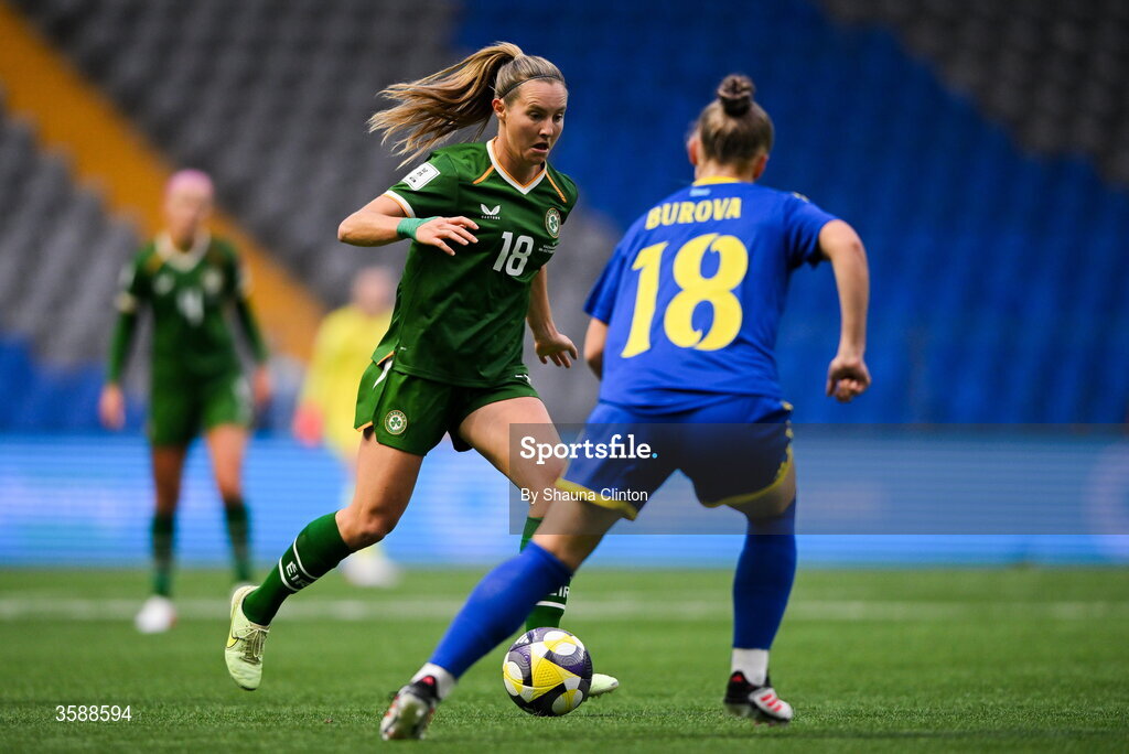 9 October 2026; Kyra Carusa of Republic of Ireland in action against Alexandra Burova of Kazakhstan during the 2027 FIFA Women’s World Cup qualifying round 1 play-off first leg match between Kazakhstan and the Republic of Ireland at Astana Arena in Kazakhstan. Photo by Shauna Clinton/Sportsfile