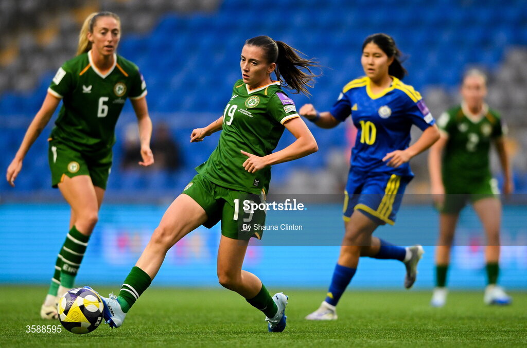 9 October 2026; Abbie Larkin of Republic of Ireland during the 2027 FIFA Women’s World Cup qualifying round 1 play-off first leg match between Kazakhstan and the Republic of Ireland at Astana Arena in Kazakhstan. Photo by Shauna Clinton/Sportsfile