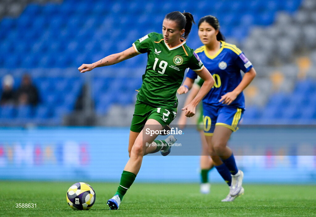 9 October 2026; Abbie Larkin of Republic of Ireland during the 2027 FIFA Women’s World Cup qualifying round 1 play-off first leg match between Kazakhstan and the Republic of Ireland at Astana Arena in Kazakhstan. Photo by Shauna Clinton/Sportsfile