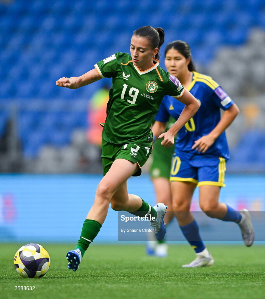 9 October 2026; Abbie Larkin of Republic of Ireland during the 2027 FIFA Women’s World Cup qualifying round 1 play-off first leg match between Kazakhstan and the Republic of Ireland at Astana Arena in Kazakhstan. Photo by Shauna Clinton/Sportsfile